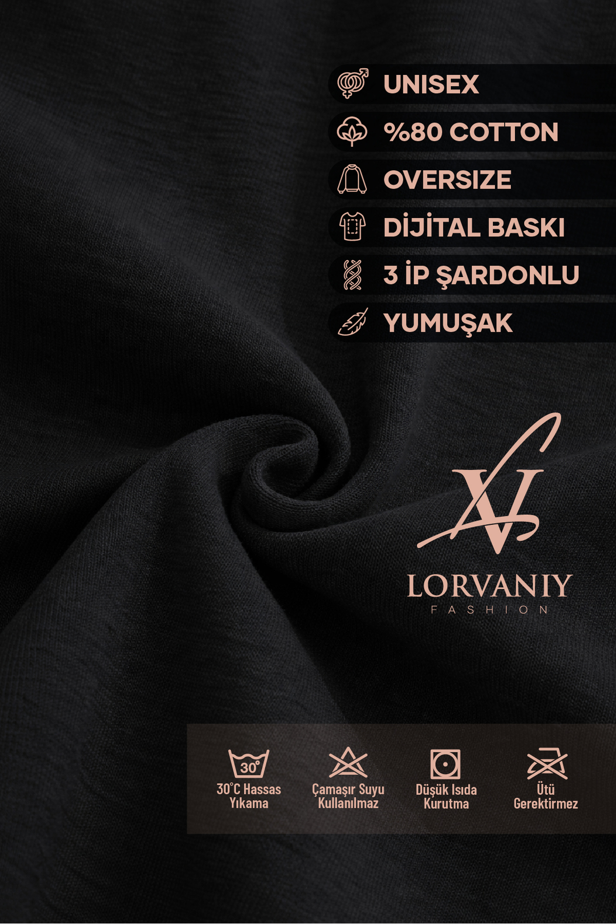 LORVANIY  Origami Dikey Baskılı Maskeli Oversize Kapüşonlu Hoodie Unisex 3 İplik Şardonlu - Görsel 7
