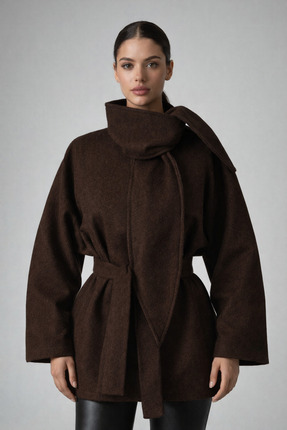 Glowear Atelier Kadın Kahverengi Kaşe Atkı Yaka Detaylı Tasarım Kuşaklı Ceket