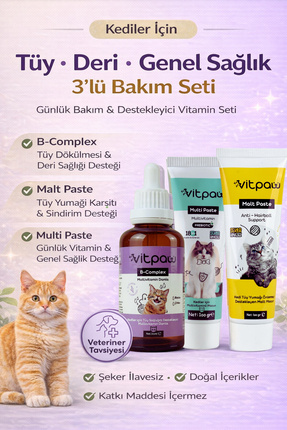 vitpaw Kediler İçin Tüy ve Genel Sağlık Vitamin Seti (Malt Paste - B+ Complex...