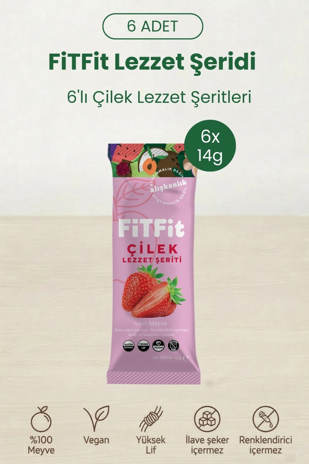 FitFit Çilek Lezzet Şeriti | Doğal Meyve Pestili Şekersiz Sağlıklı