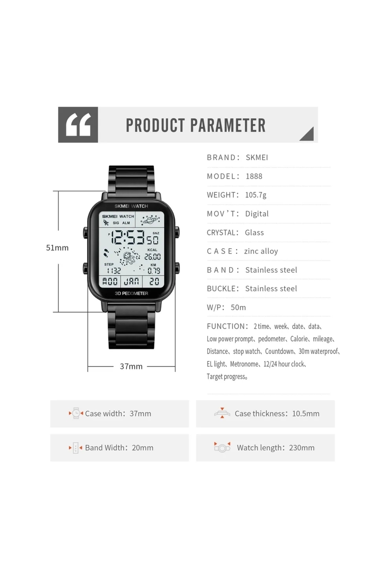 Skmei 1888 Dijital Her Kombine Uygun Erkek Kol Saati Led Işıklı görsel 6