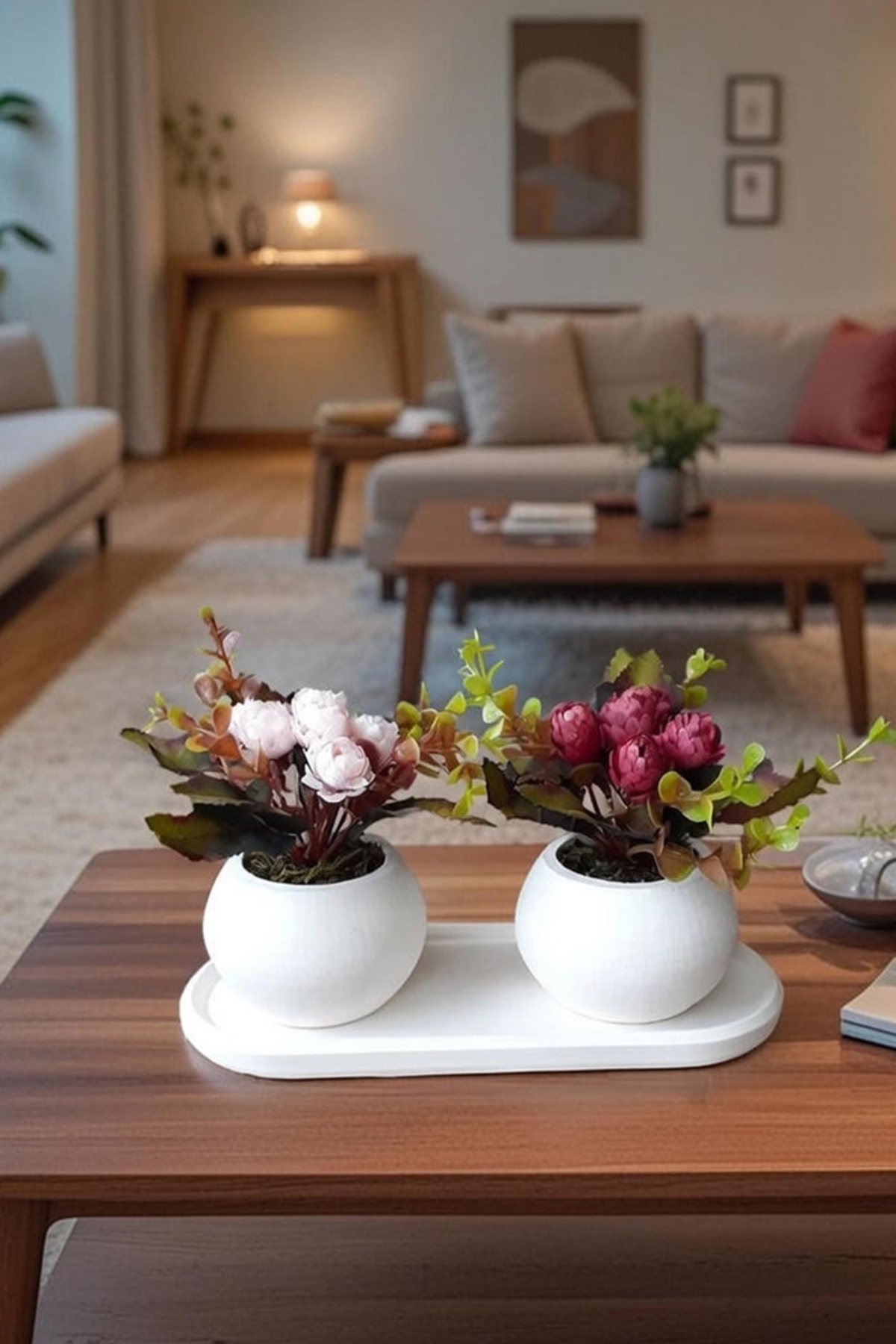 Countertop Flower in Concrete Pot 3-Piece Table Set Light Pink Claret Red