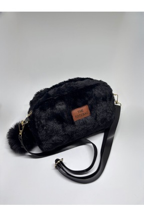 Livayssçanta Livayss Kadın Kürklü Tüylü Peluş Fermuarlı Siyah Omuz Çantası