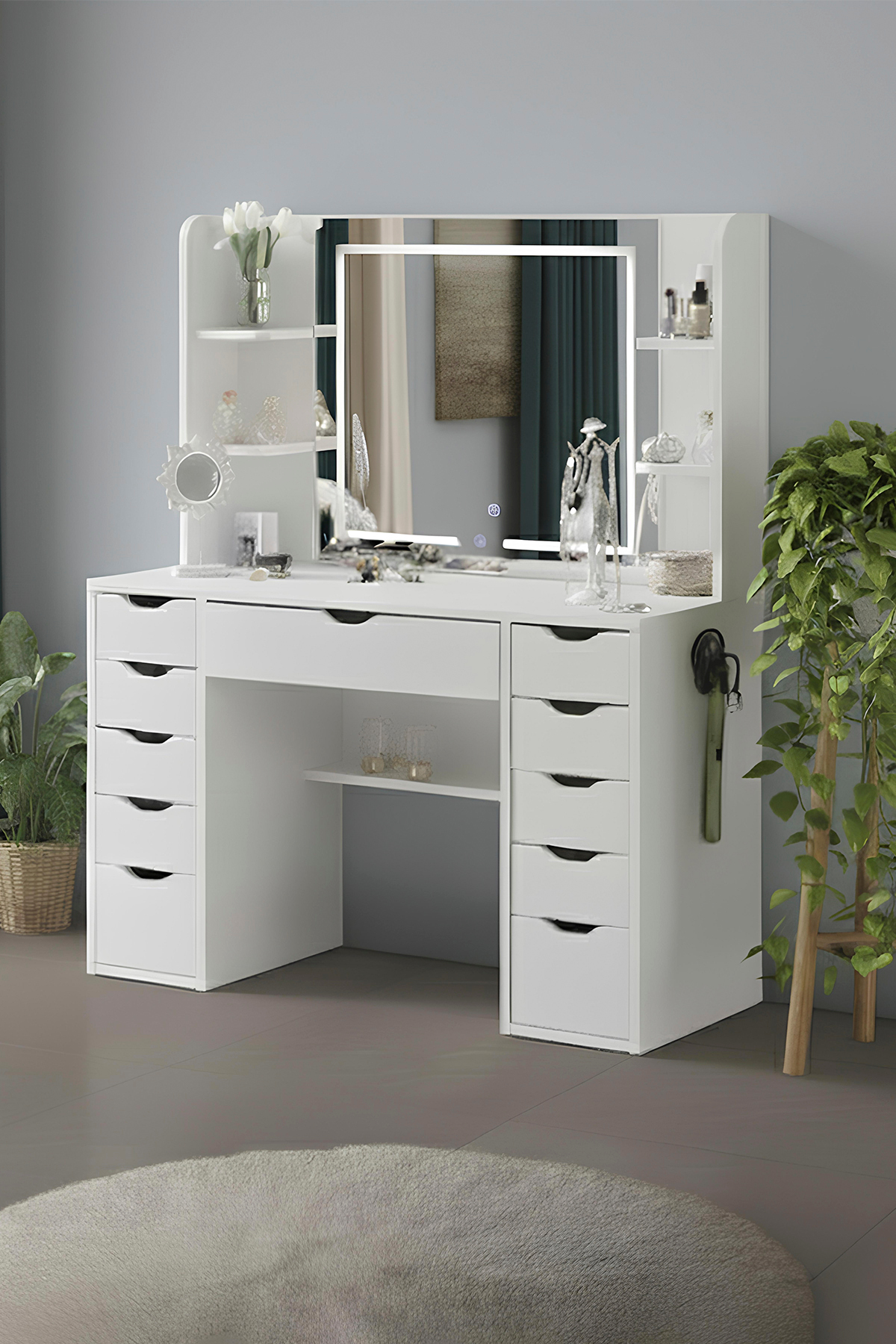Diva Jewelry Organizer Touchscreen Led Mirror Backstage Vanity Table with 4 Shelves and 11 Drawers Plain White