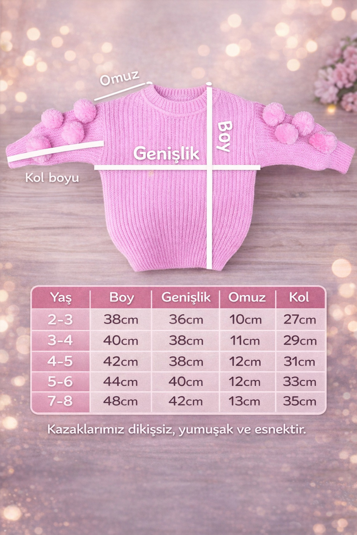 TREND NATURAL Kız Çocuk Bebek Pembe Ponponlu Kazak &Pullu Etek &Toka&Çorap Takım 6Ay-8Yaş fotoğrafı 6 (önizleme)