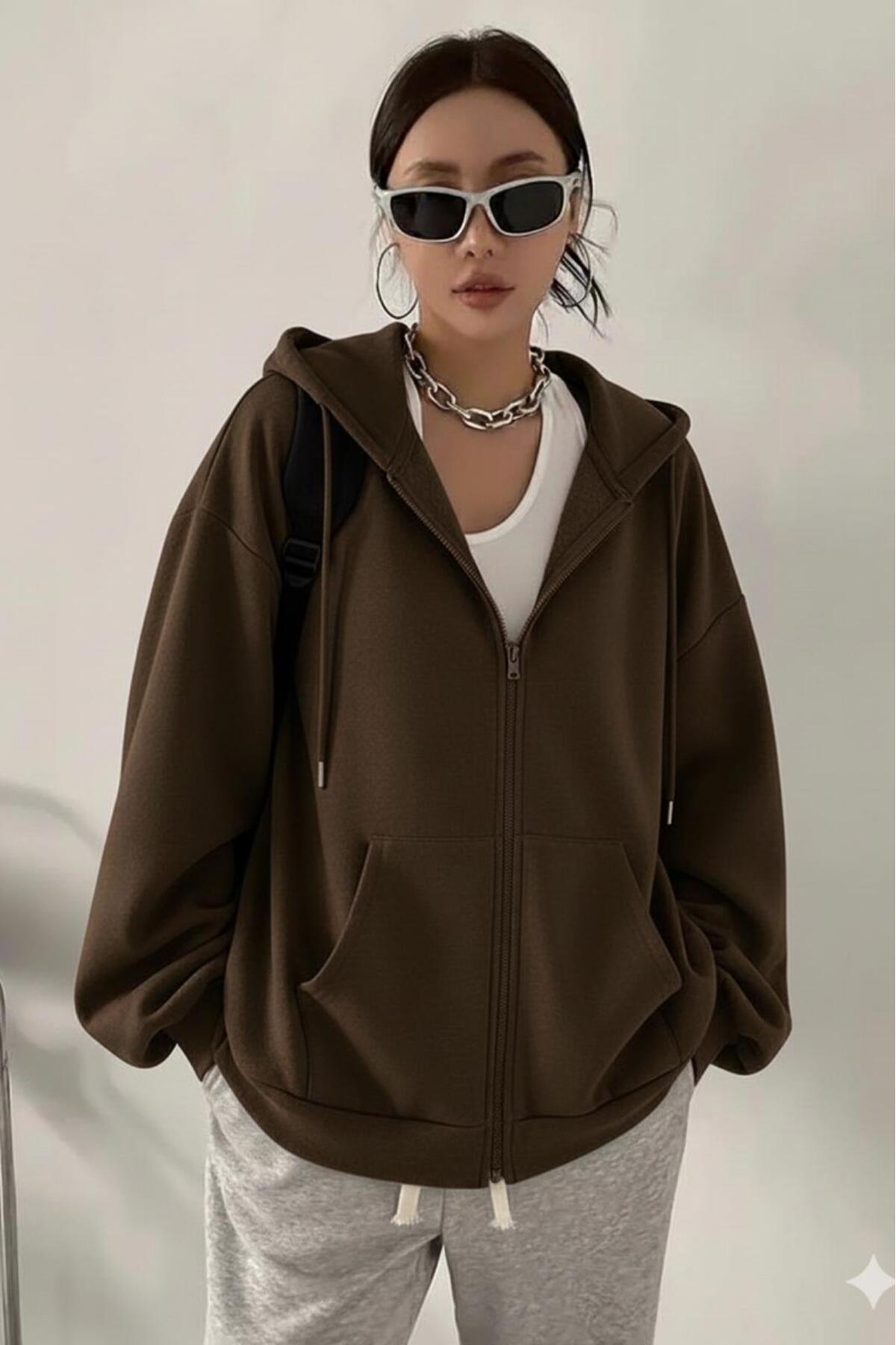 CAST COLLECTİON Kadın Kahverengi Fermuarlı Kapşonlu Hırka Ceket