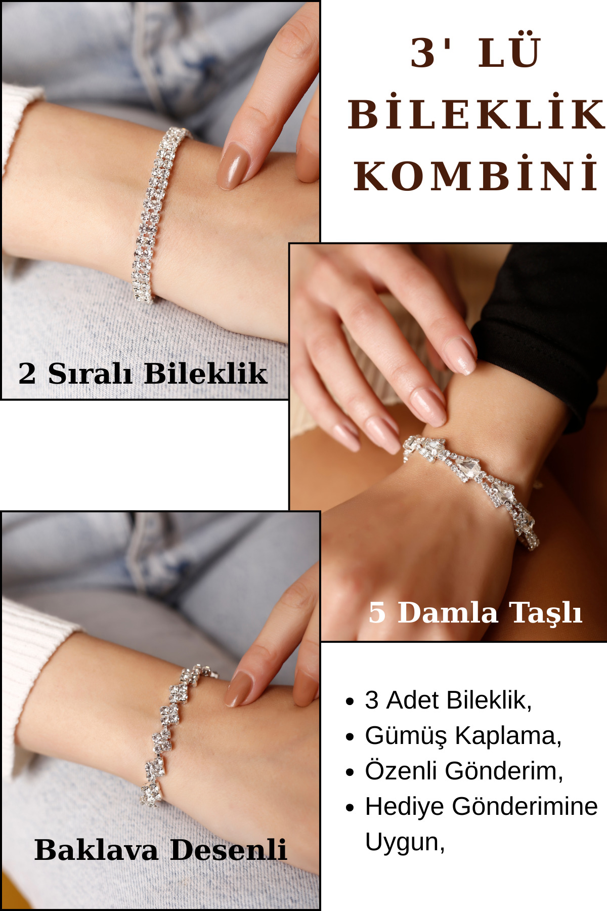 HUBANN 3’lü Taşlı Bileklik Seti | Çift Sıralı Su Yolu, Baklava Desen & 5 Damla Taşlı