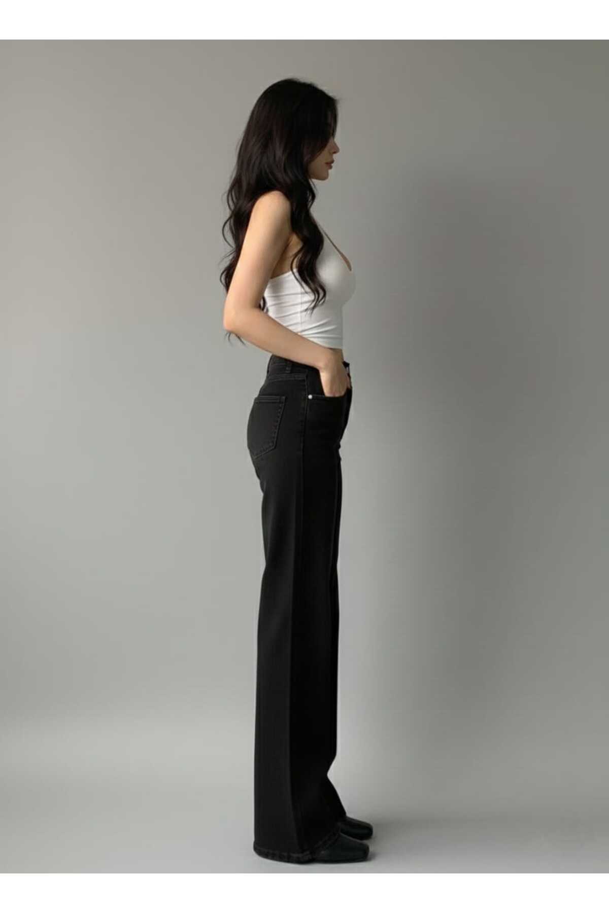 DRC trend  Solmayan Siyah Likralı Süper Yüksek Bel Salaş Jean Palazzo Pantolon. (SÜPER YÜKSEK.) Wide Leg. - Görsel 3