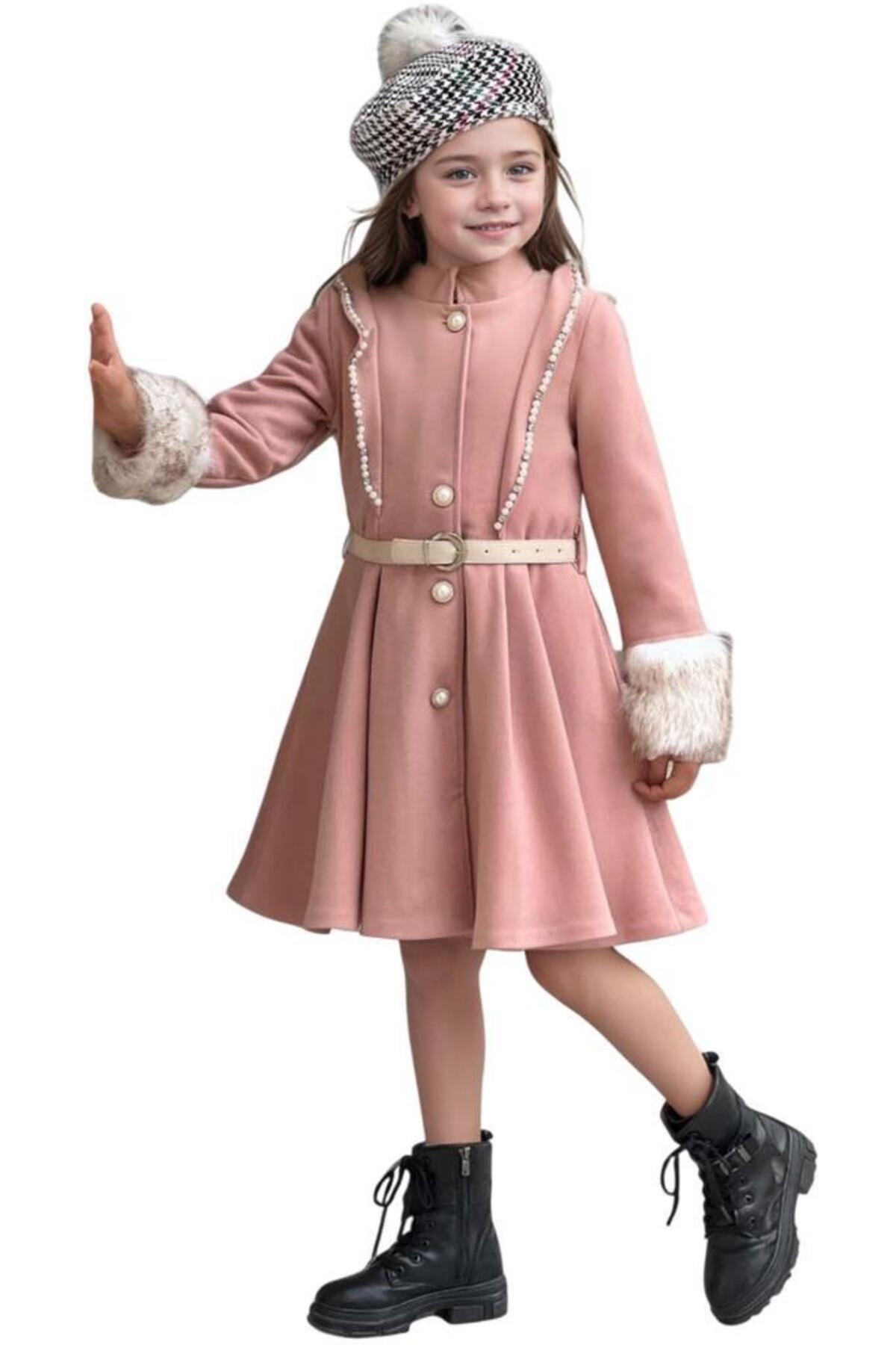 Riccotarz Kız Çocuk Kazayağı Desen Elbise Kolları Peluş ve Omuzları İnci İşleme Kemerli Pembe Kaşe Kaban fotoğrafı 2 (önizleme)