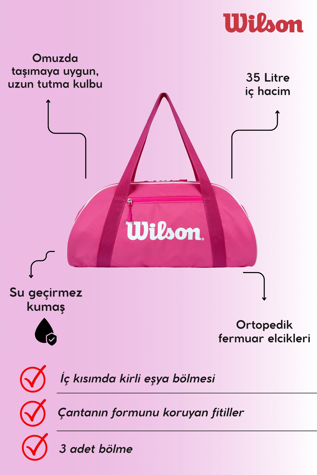 Wilson  35 Litre Lisanslı Pembe Kadın Kol ve Omuz Kumaş Spor Seyahat Çantası - Görsel 4