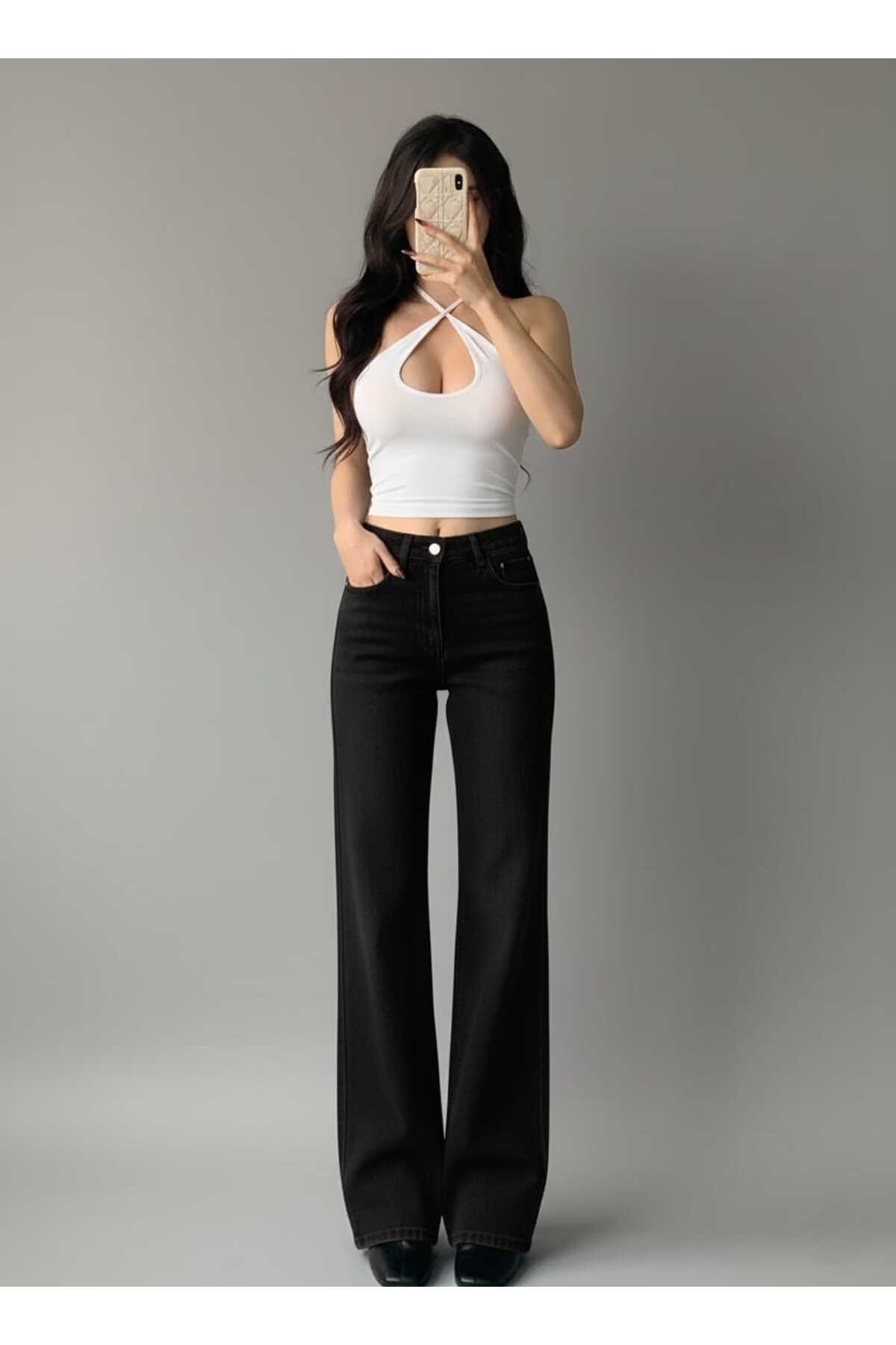 DRC trend  Solmayan Siyah Likralı Süper Yüksek Bel Salaş Jean Palazzo Pantolon. (SÜPER YÜKSEK.) Wide Leg.