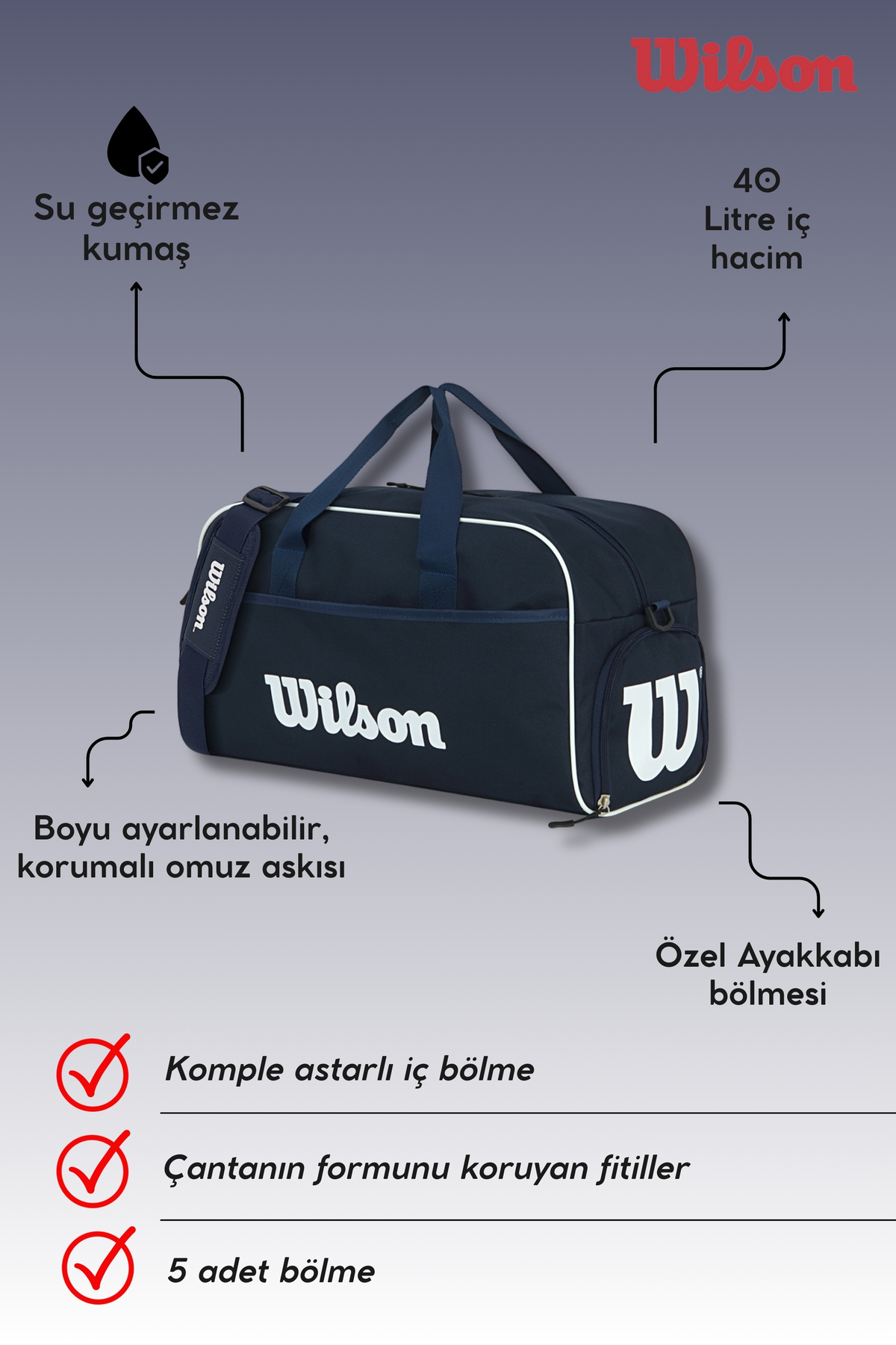 Wilson  Lacivert Spor Çantası 40 Litre Seyahat Çantası El Valizi - Görsel 8