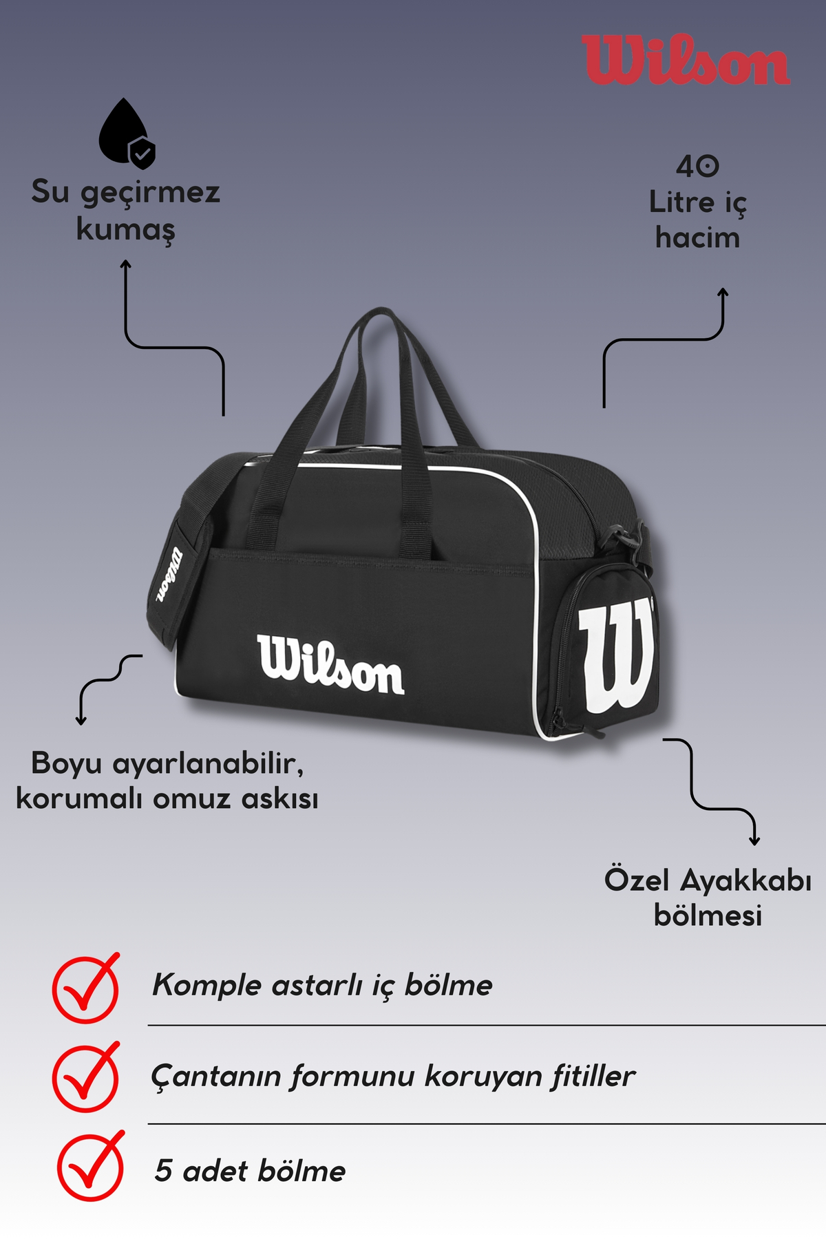 Wilson  Lisanslı Unisex Özel Ayakkabı Bölmeli Su Geçirmez 40 Litre Gym Spor Seyahat Çantası El Valizi - Görsel 4