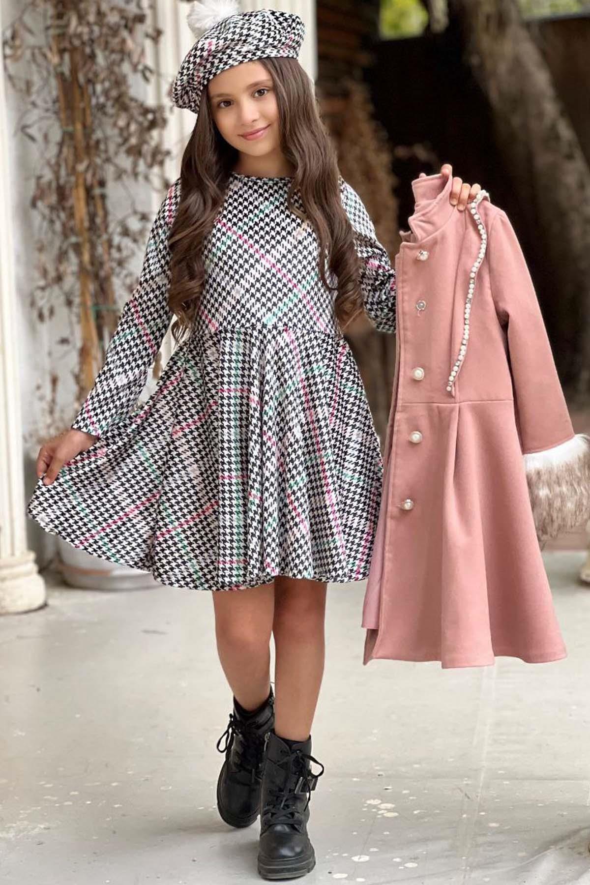 Riccotarz Kız Çocuk Kazayağı Desen Elbise Kolları Peluş ve Omuzları İnci İşleme Kemerli Pembe Kaşe Kaban fotoğrafı 6 (önizleme)