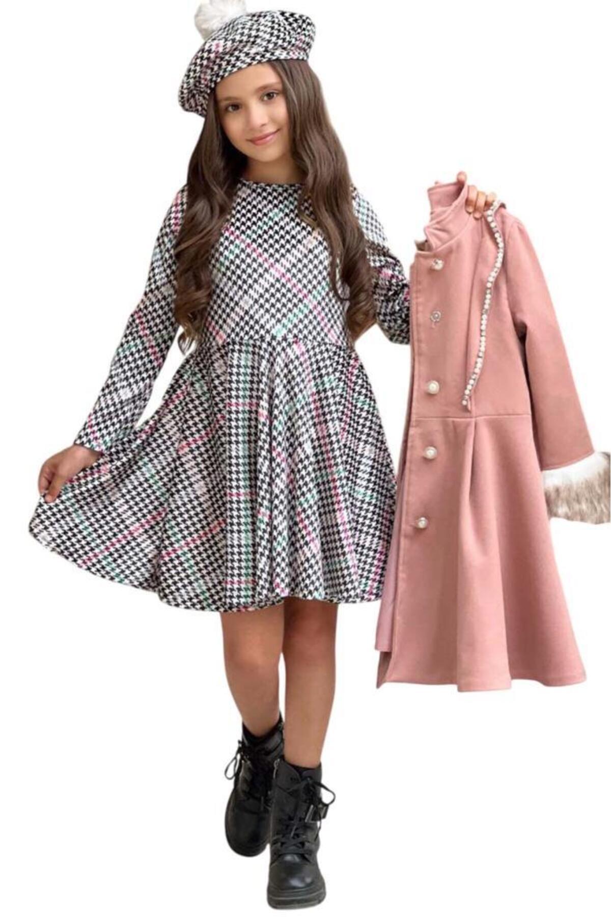 Riccotarz Kız Çocuk Kazayağı Desen Elbise Kolları Peluş ve Omuzları İnci İşleme Kemerli Pembe Kaşe Kaban fotoğrafı 3 (önizleme)