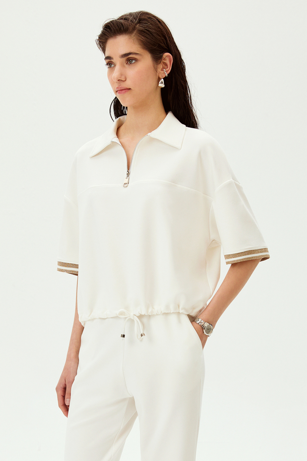 Allyco Low Sleeve Tie Detail Zip-Up Comfortable Fit Knit T-Shirt