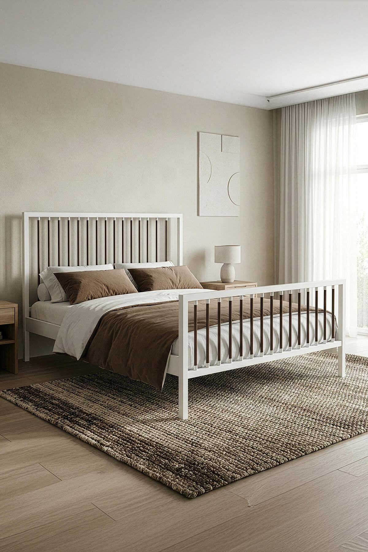 Breeze Double Wrought Iron Metal Bedstead (WHITE-BROWN) (WOODEN lath)