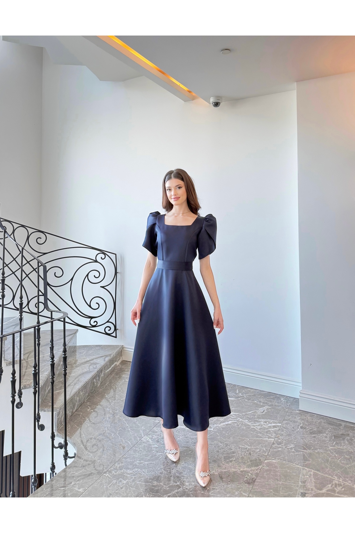 Olen dark blue short sleeve maxi long flared skirt dress evening dress