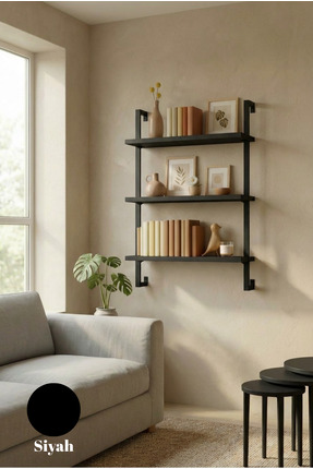 Euromob 3 Raflı Siyah Rengi Çok Amaçlı Kitaplık / Dekoratif Duvar Rafı – Kola...