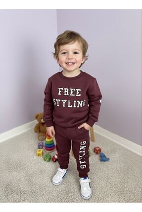 Liloa Erkek Çocuk Bordo Basic 3 iplik Şardonlu Kışlık Eşofman Takımı