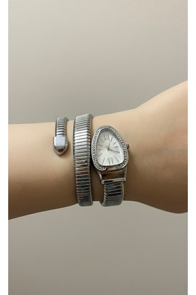 Yegane Gümüş Renk Yılan Model Kadın Spiral Bilezikli Şık Tasarım Kol Saati