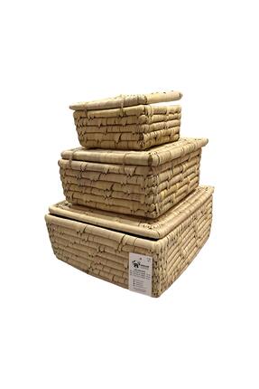 URALLAR HOME DESİGN HURMA YAPRAĞI ÇOK AMAÇLI KAPAKLI DİZAYNIR ÜÇLÜ SET SEPET