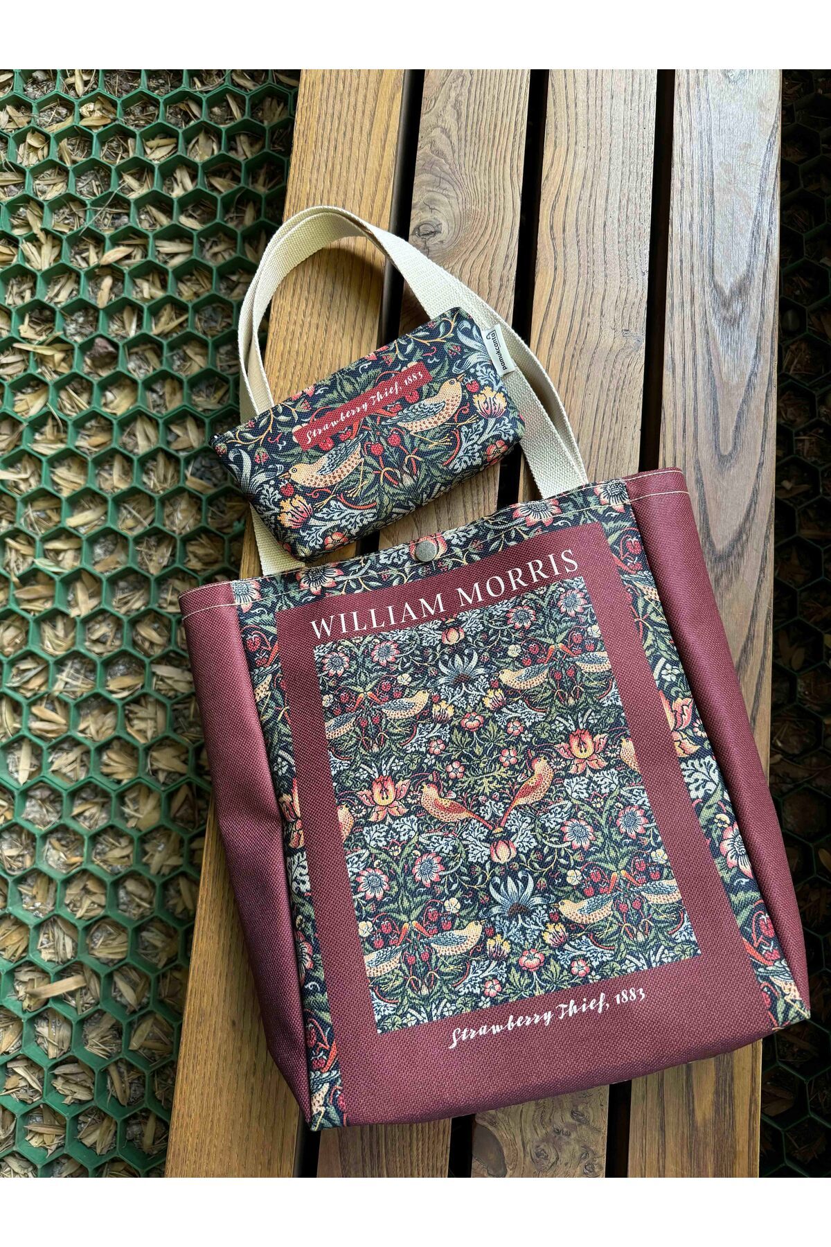 pamukcanta  William Morris Kanvas Bez Çanta& Makyaj Çantası Yıkanabilir Metal Çıtçıtlı Cepli (2'li Set) - Görsel 4