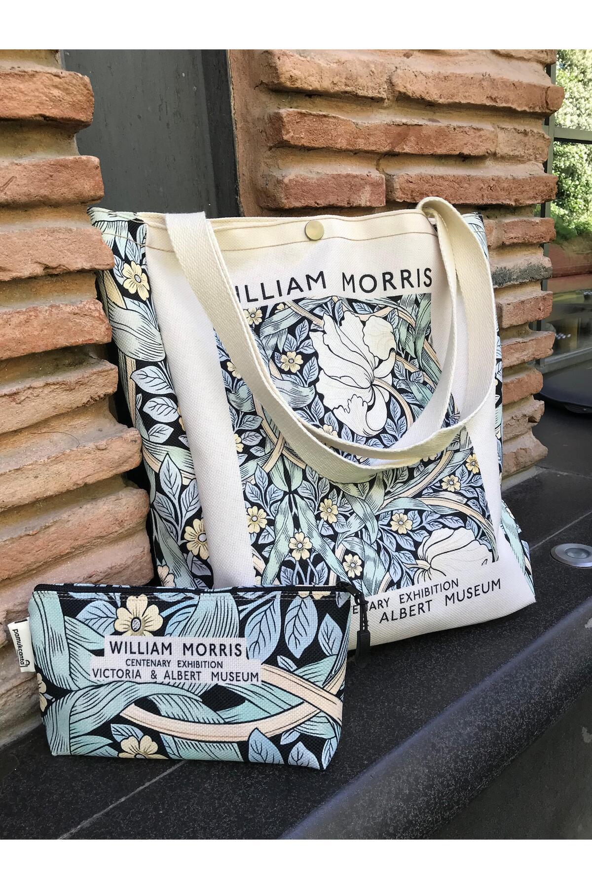 pamukcanta  William Morris Kanvas Bez Çanta& Makyaj Çantası Yıkanabilir Metal Çıtçıtlı Cepli - Görsel 3