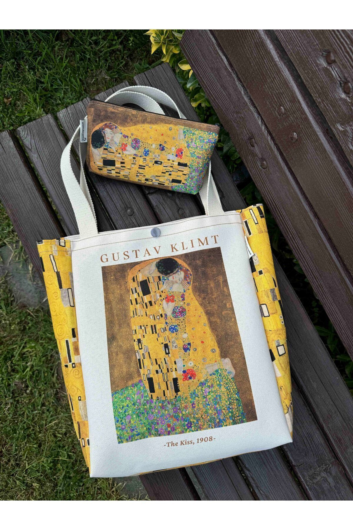pamukcanta  Gustav Klimt Kanvas Bez Çanta& Makyaj Çantası Yıkanabilir Metal Çıtçıtlı Cepli (2'li Set) - Görsel 5