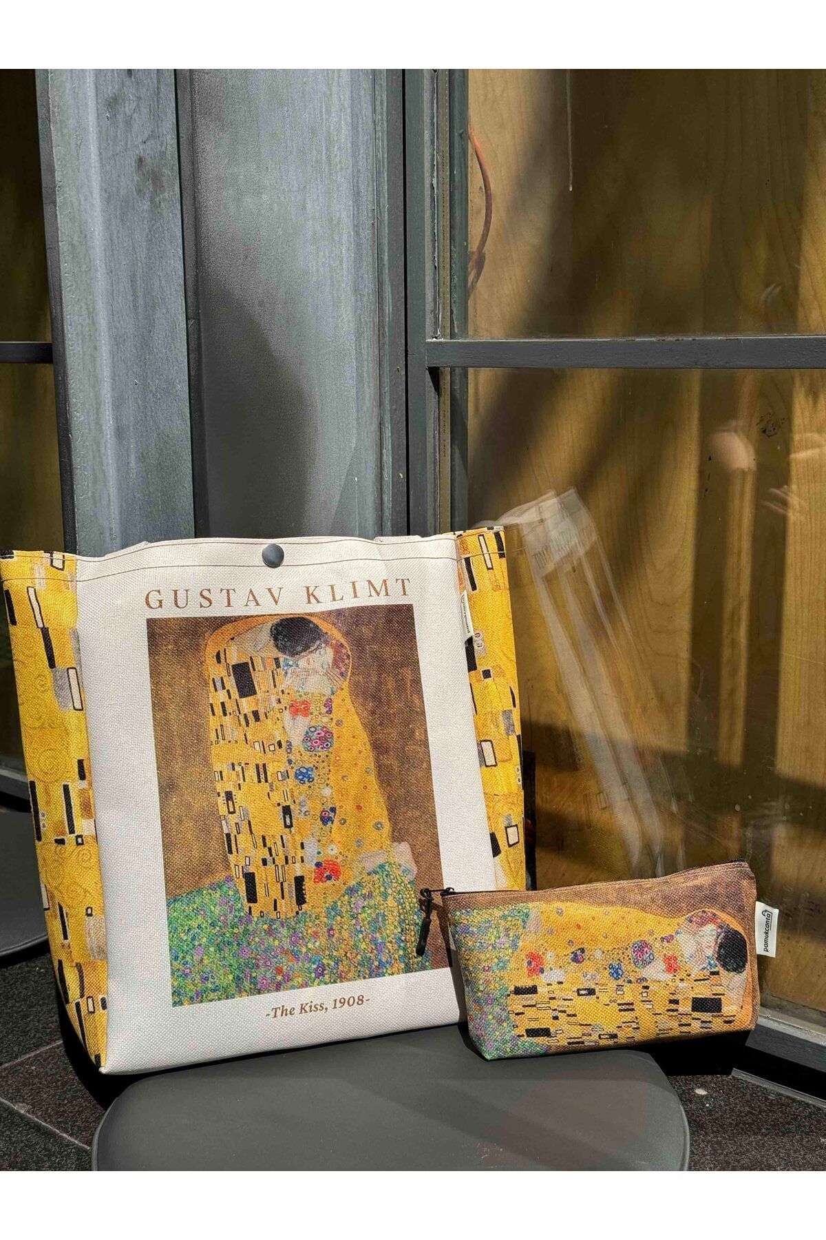 pamukcanta  Gustav Klimt Kanvas Bez Çanta& Makyaj Çantası Yıkanabilir Metal Çıtçıtlı Cepli (2'li Set) - Görsel 7