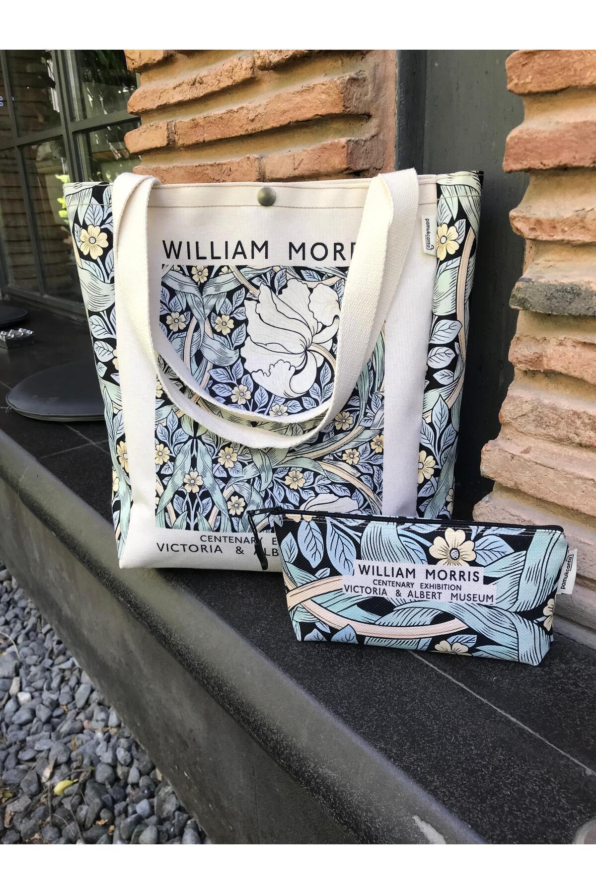 pamukcanta  William Morris Kanvas Bez Çanta& Makyaj Çantası Yıkanabilir Metal Çıtçıtlı Cepli