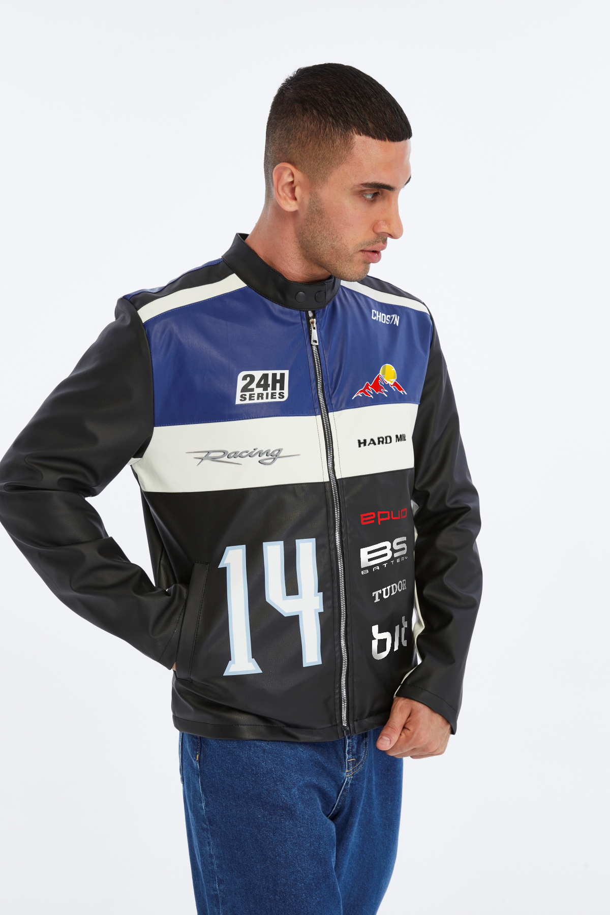 CHOS7N  Erkek Oversize Şeritli Baskılı Deri Ceket Hakim Yaka Bomber Motorcu Montu Yarışçı Ceketi - Görsel 2