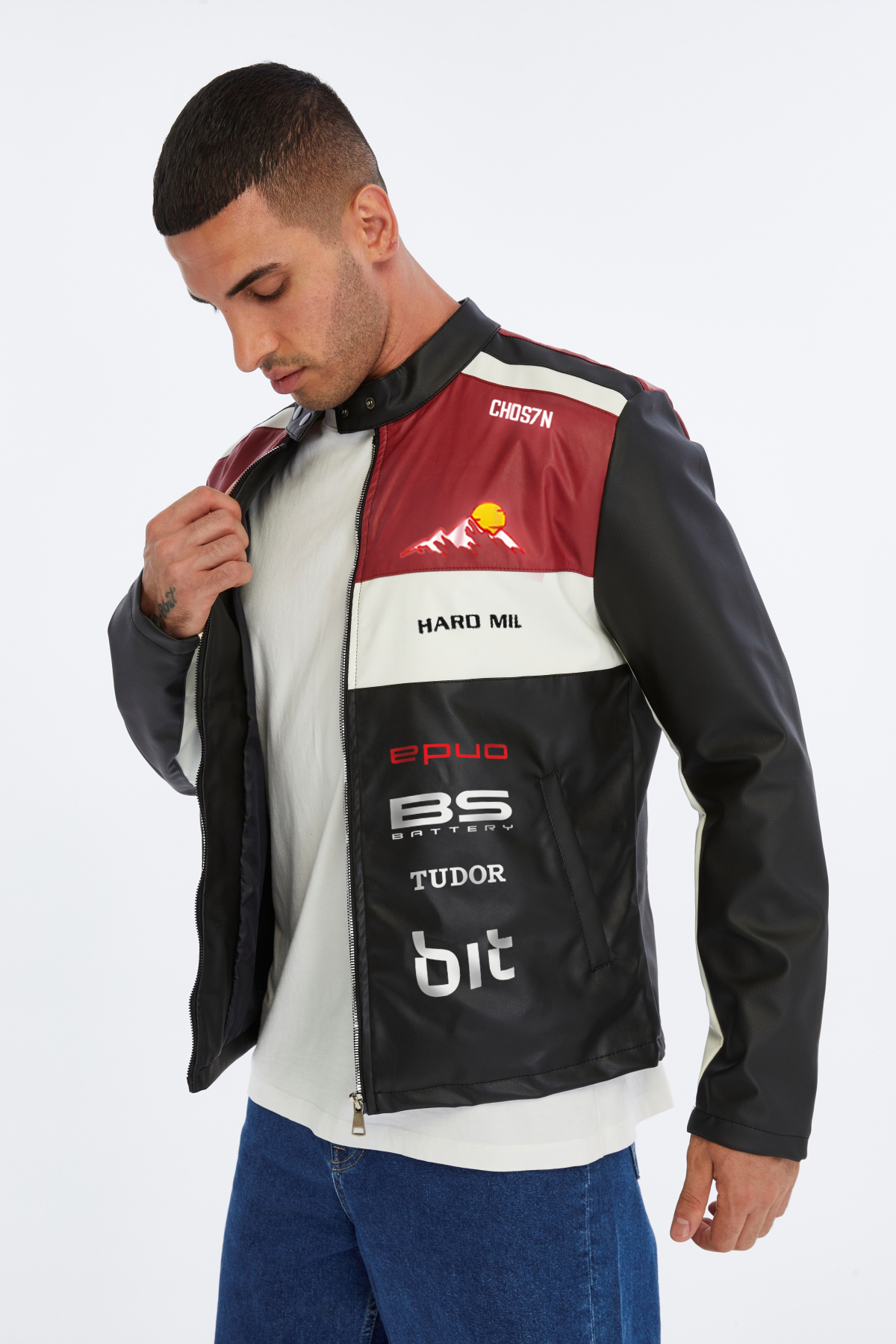 CHOS7N  Erkek Oversize Şeritli Baskılı Deri Ceket Hakim Yaka Bomber Motorcu Montu Yarışçı Ceketi - Görsel 4