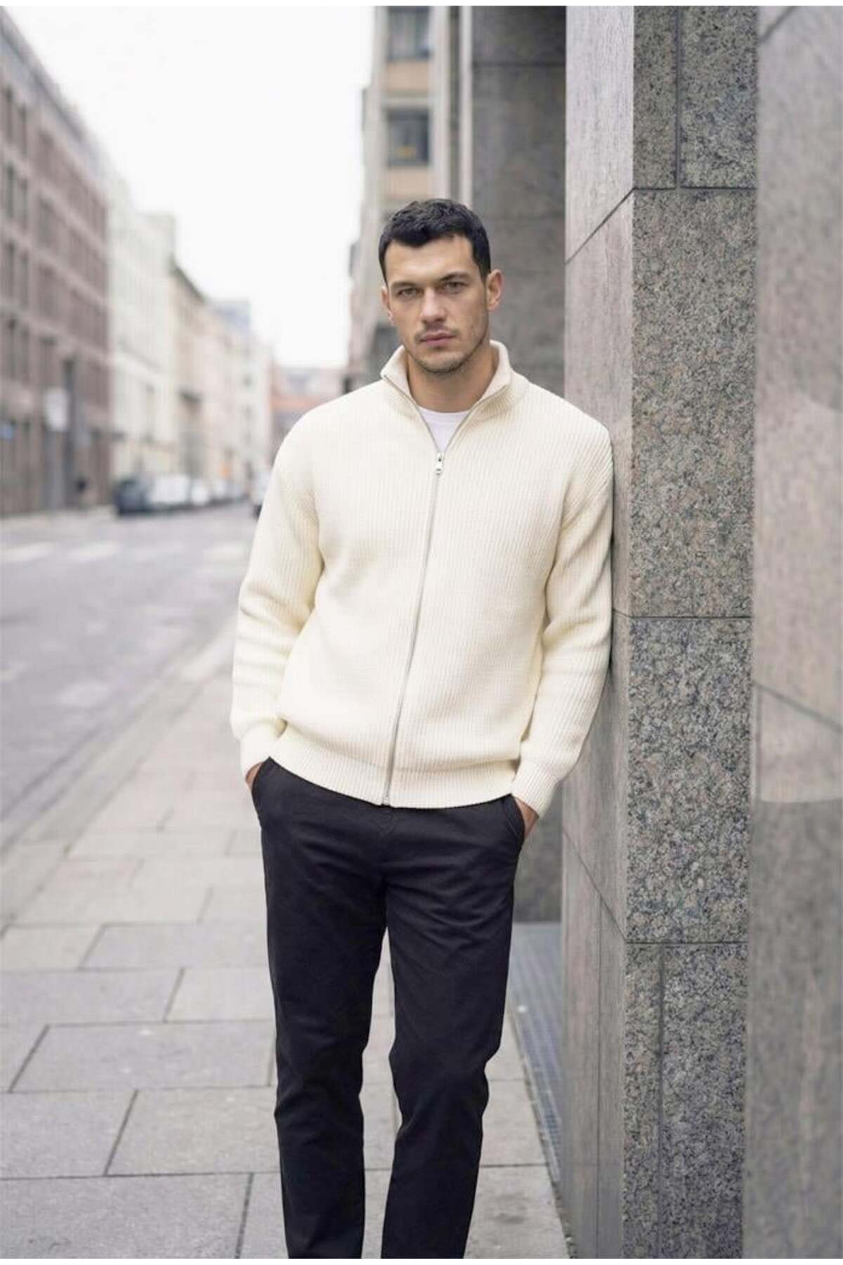 Valiberta  Woody Oversize Selanik Örme Fermuarlı Erkek Hırka- Ekru - Görsel 4