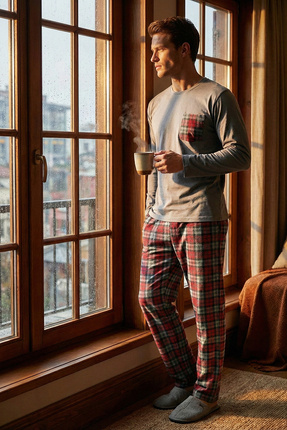 Buratti Ekoseli Cepli Beli Lastikli % 100 Pamuk Regular Fit Pijama Takımı Erk...