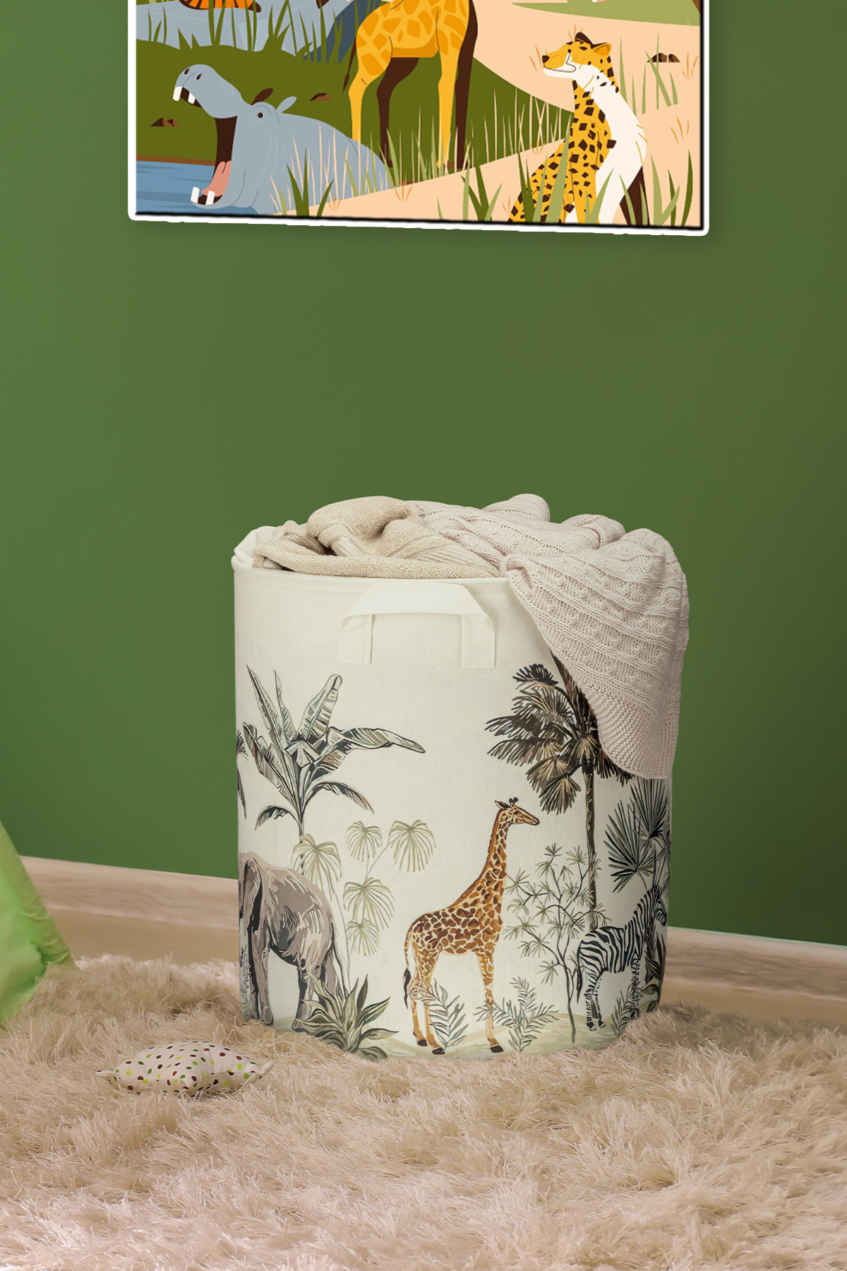 PH Prendi Home Safari Baskılı Çok Amaçlı Ağzı Büzgülü Oyuncak Kirli Çamaşır Katlanır Düzenleyici Sepet 32x40 fotoğrafı 2 (önizleme)