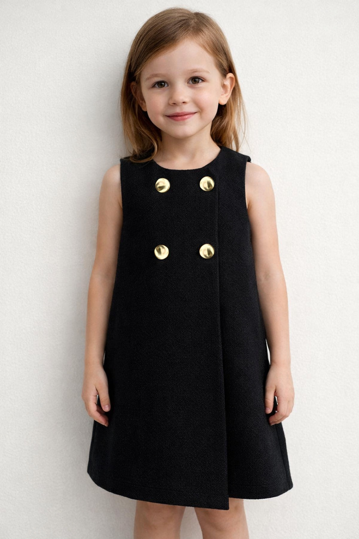 Aressy Kız Çocuk Gold Düğmeli Pileli Elbise Premium Bayramlık Jile Elbise fotoğrafı 3 (önizleme)
