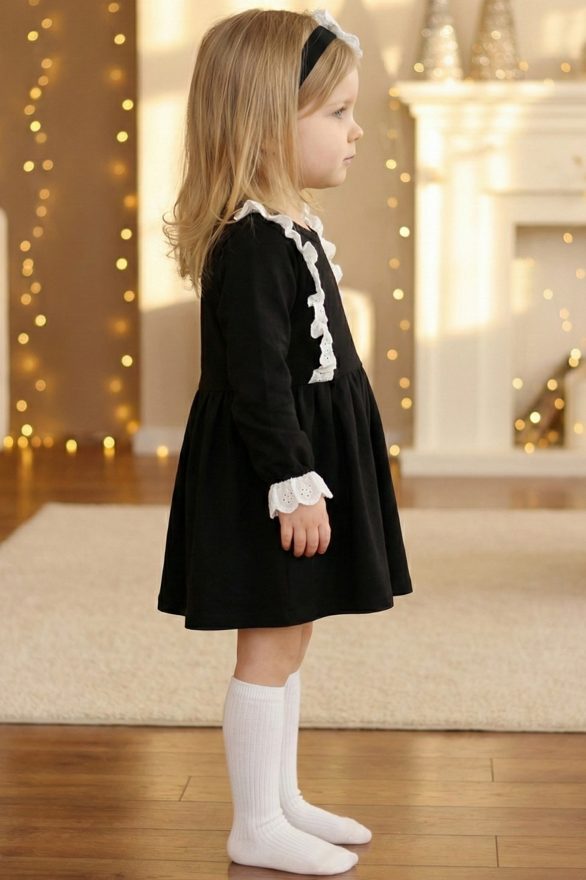 Parla Kids Kız Çocuk Elena Siyah Uzun Kollu Bisiklet Yaka Fisto Dantel Detaylı Elbise Saç Bandı Takım fotoğrafı 7 (önizleme)