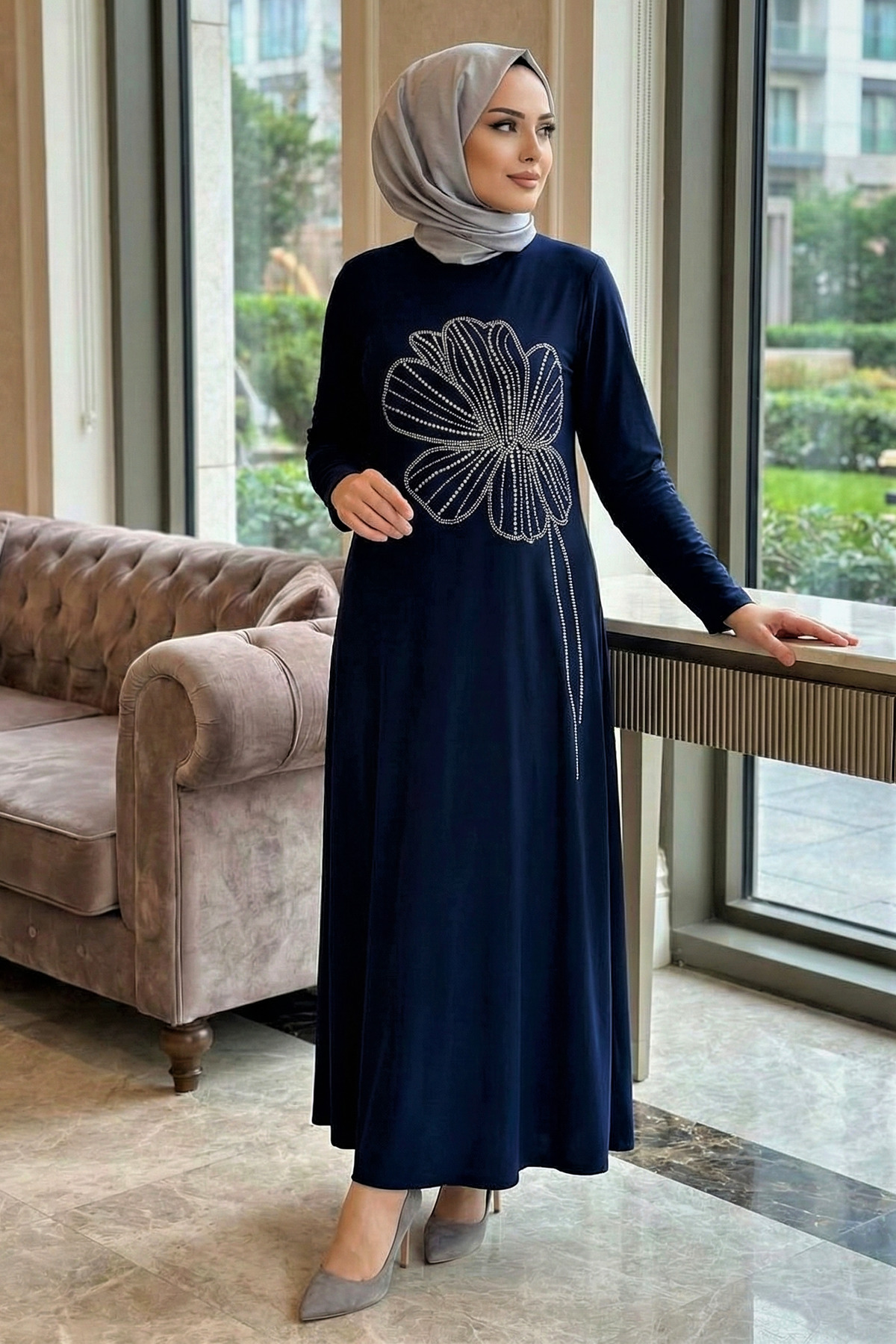 modamira  Kadın Sandy Lacivert Nursema Taş Detaylı Büyük Beden Tesettür Abiye Elbise