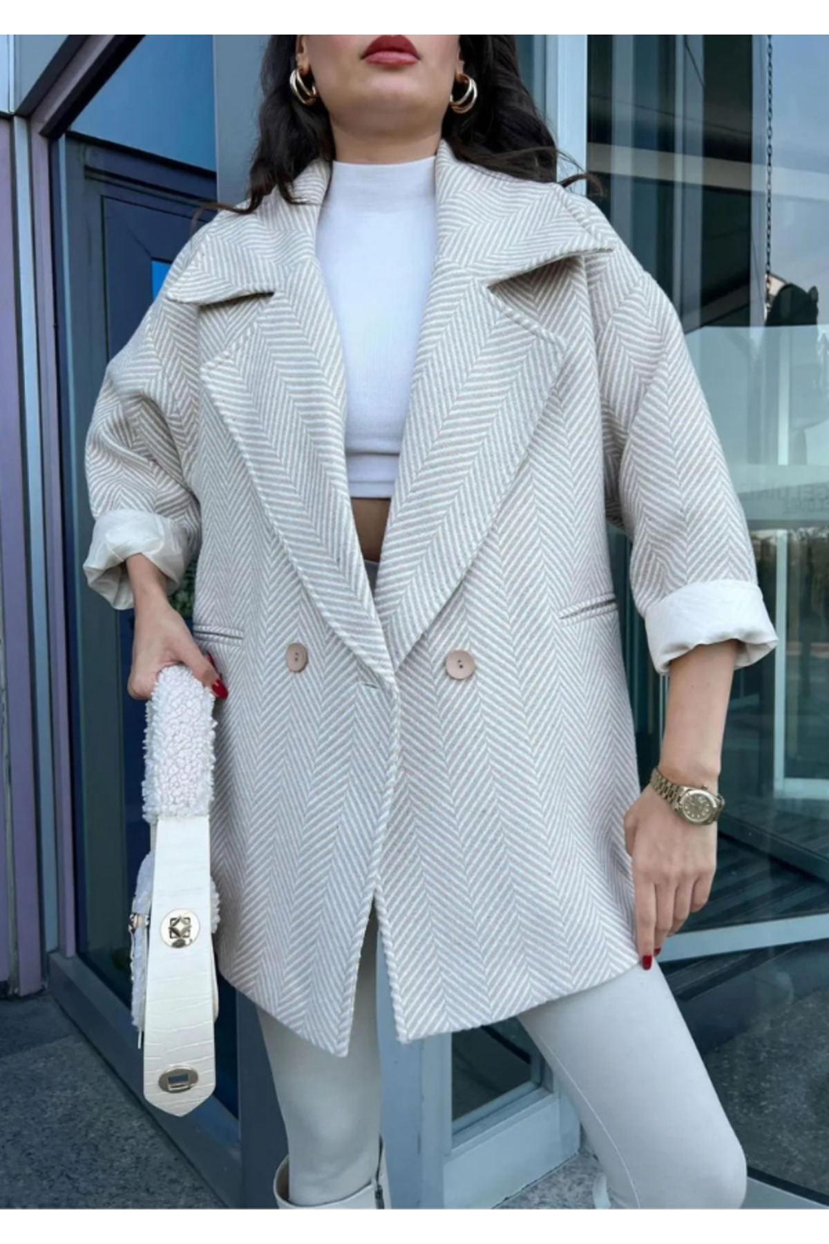 Moda Palmiss  Kadın Taş Balıksırtı Desenli Astarlı Oversize Kaşe Kaban - Görsel 3