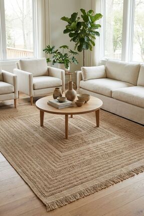 Cool Halı Rustika Bej Jüt Halı Modern Kabartma Desen Kaymaz Taban Bohem İskan...