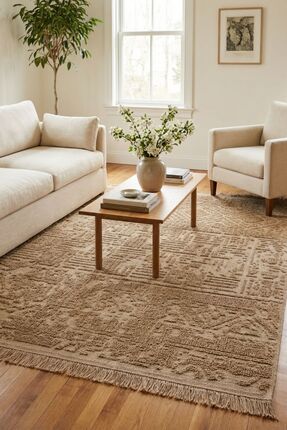 Cool Halı Rustika Bej Jüt Halı Bohem Eskitme Vintage Etnik Desenli İskandinav...