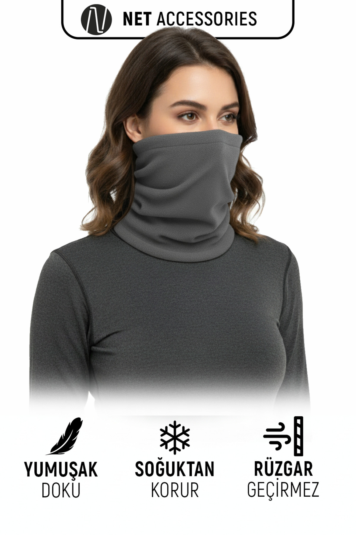 Net Tekstil Gri Renk Termal Polar Soğuk Geçirmez Boyunluk Unisex Pamuklu Kışlık Ayarlanabilir İpli görsel 3
