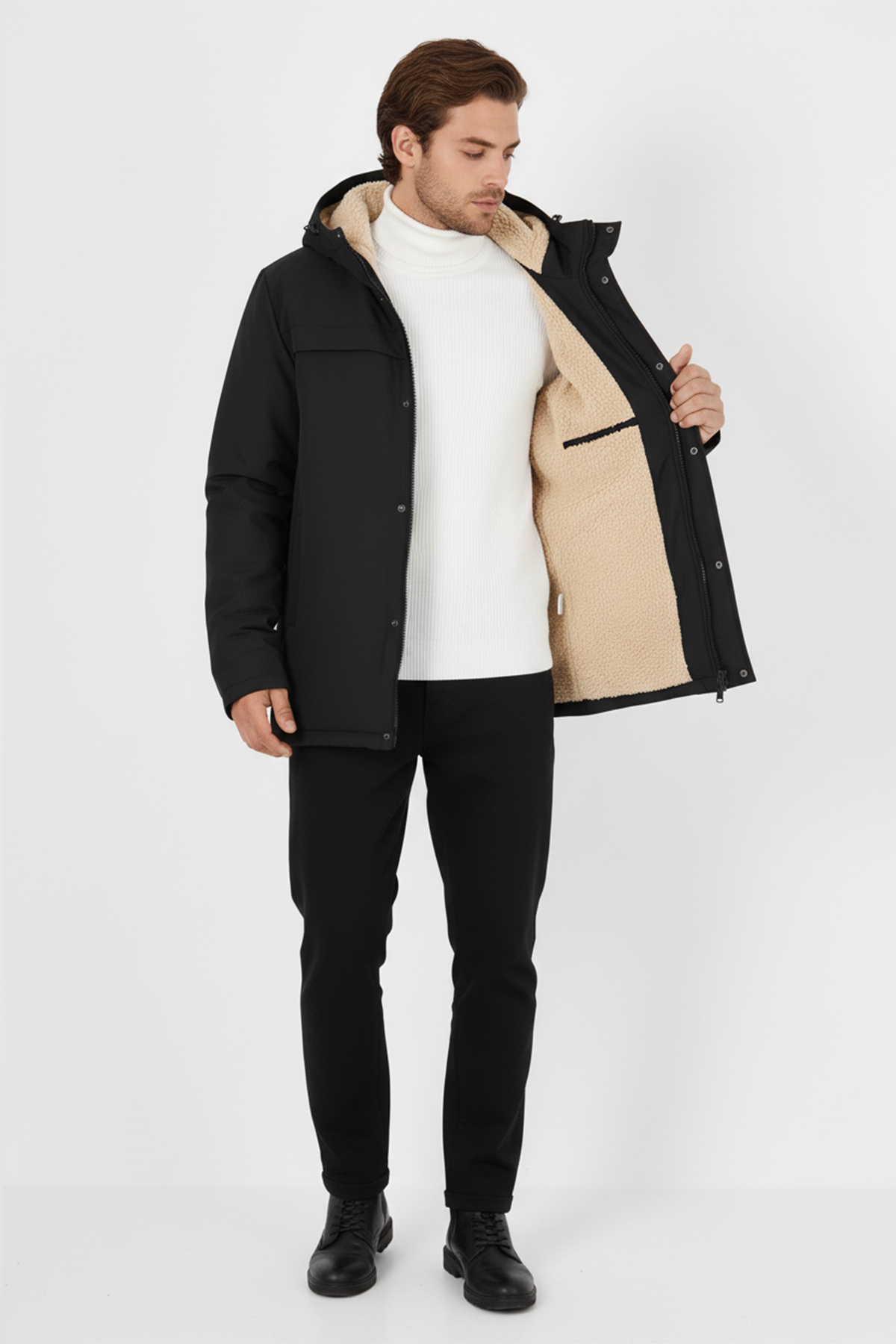 Unisex Siyah Su ve Rüzgar Geçirmez İçi Kürklü Kapüşonlu Parka & Kaban & Mont — مشکی QPA-140 — تصویر 3 از 6