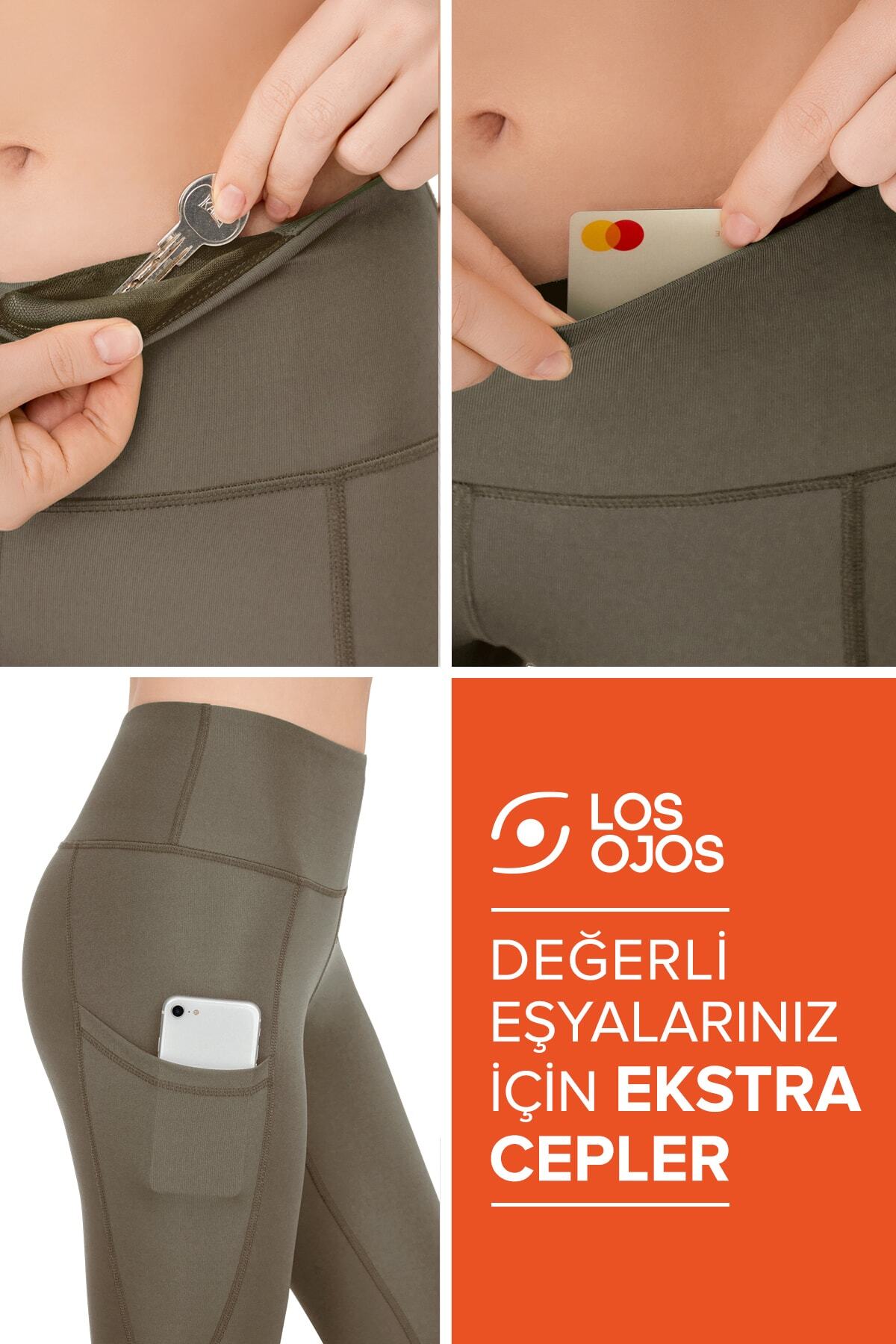 Los Ojos  Kadın Koyu Haki Yüksek Bel Çift Cepli Toparlayıcı Spor Tayt - Görsel 4