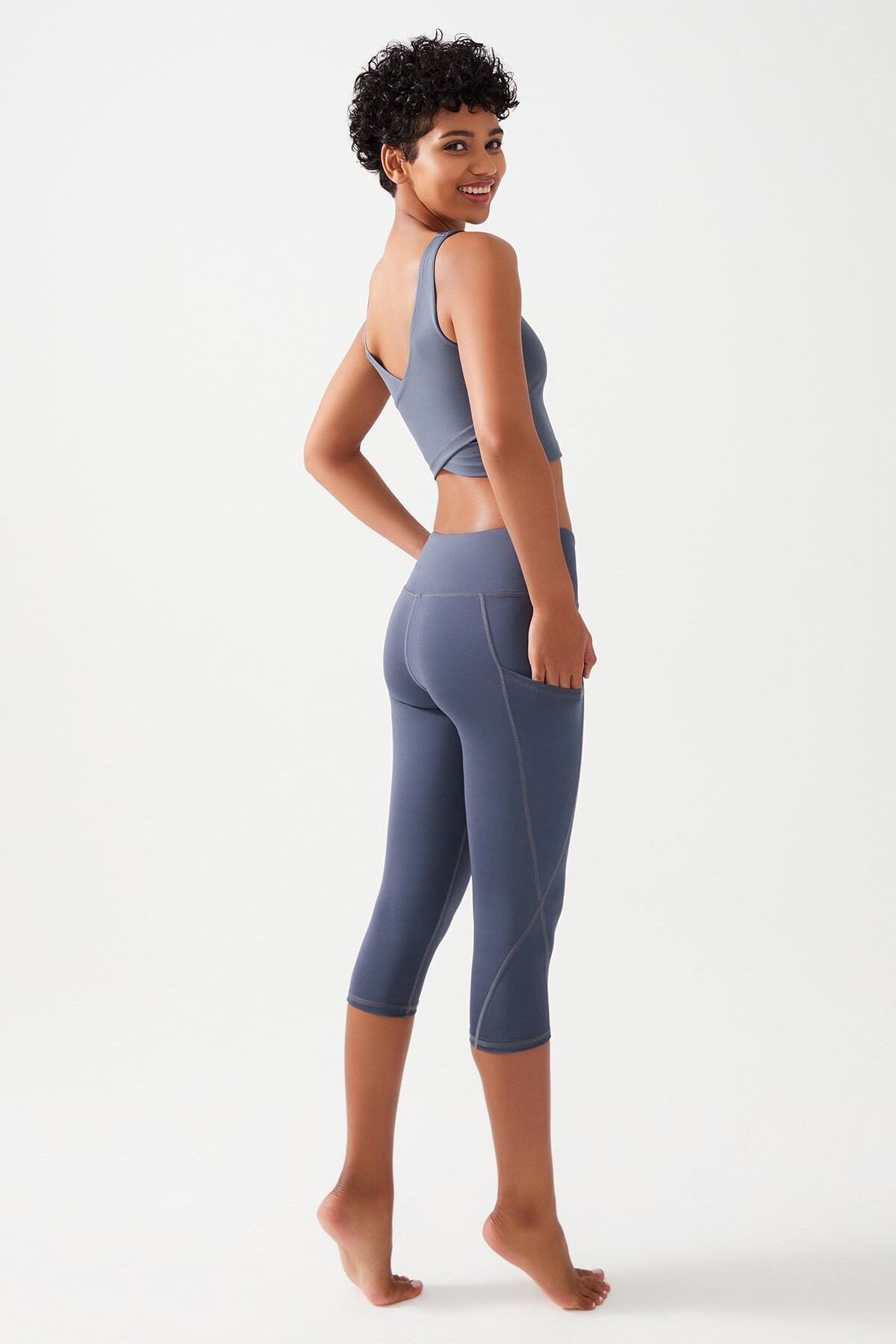 Los Ojos  Kadın Antrasit Yüksek Bel Toparlayıcı Çift Cepli Diz Altı Kapri Tayt Capri - Görsel 2