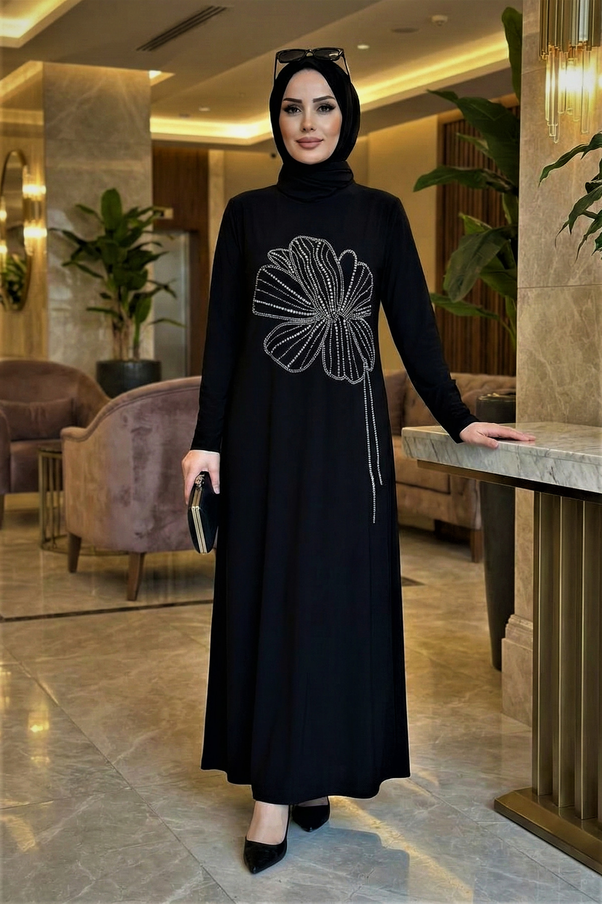 modamira  Kadın Sandy Siyah Boydan Özel Tasarım Davet Nişan Taş Detaylı Abiye Tesettür Nursema Elbise - Görsel 3