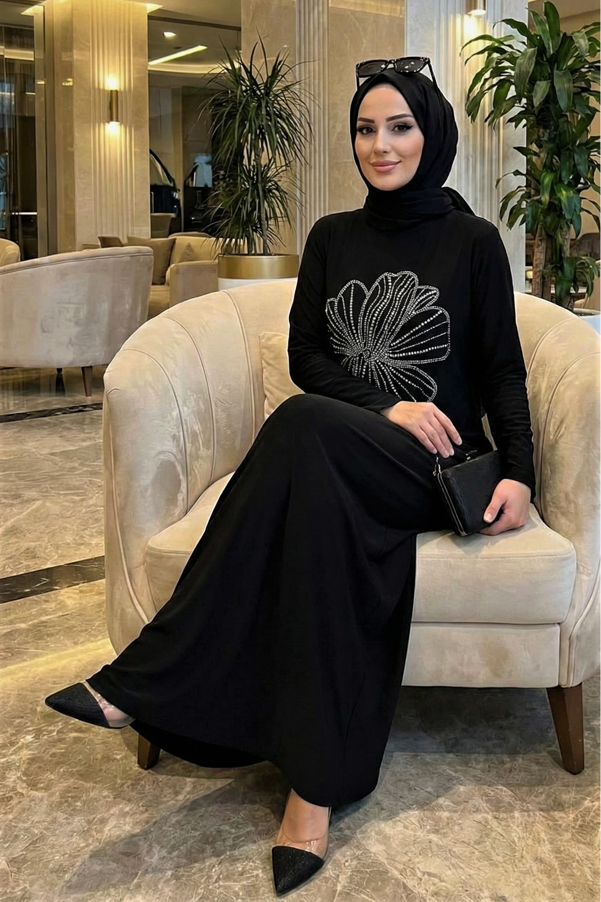 modamira  Kadın Sandy Siyah Boydan Özel Tasarım Davet Nişan Taş Detaylı Abiye Tesettür Nursema Elbise - Görsel 4