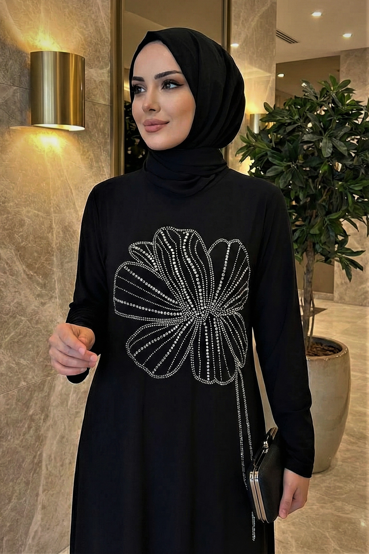 modamira  Kadın Sandy Siyah Boydan Özel Tasarım Davet Nişan Taş Detaylı Abiye Tesettür Nursema Elbise