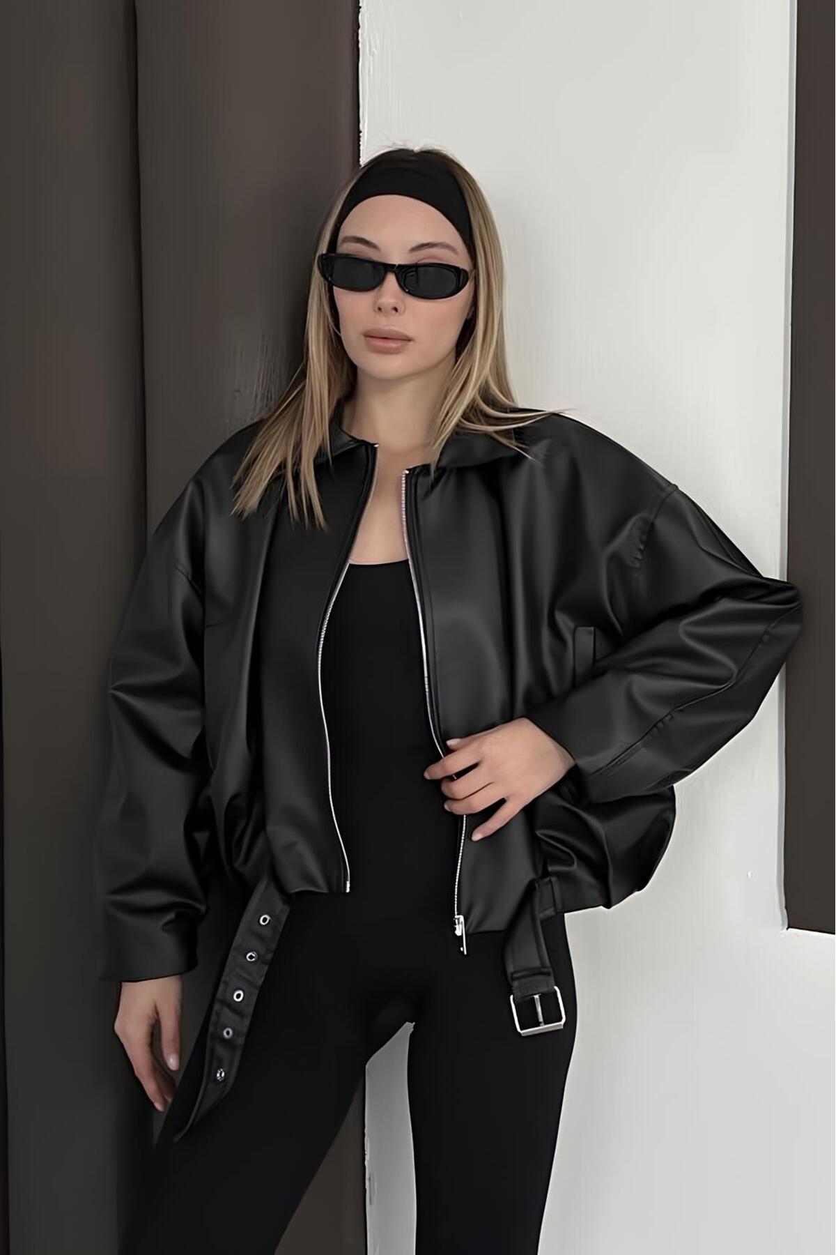 Helen Goods İçi Kürklü Oversize Kadın Deri Ceket Mont görsel 2